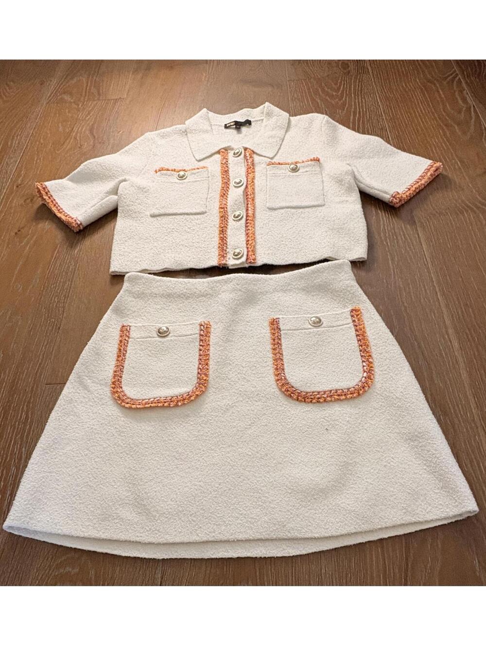 Maje Paris Cream Tweed Skirt Set with Coral Trim Size Small